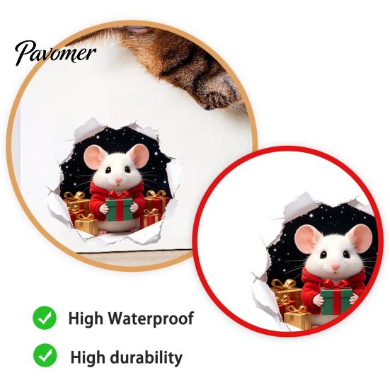 Durable Weatherproof Window Stickers 3D Hole Illusion Christmas Mouse Wall Sticker, Peel And Stick Waterproof PVC Holiday Home Decorations Decal