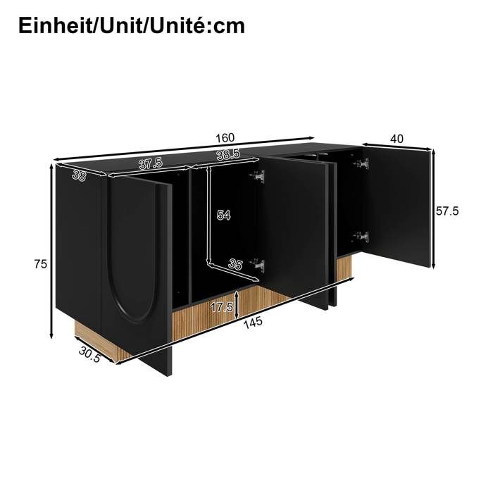 Buffet bas - LEMONBEST - Buffet 4 portes 160 cm - Noir - Aspect bois - Contemporain