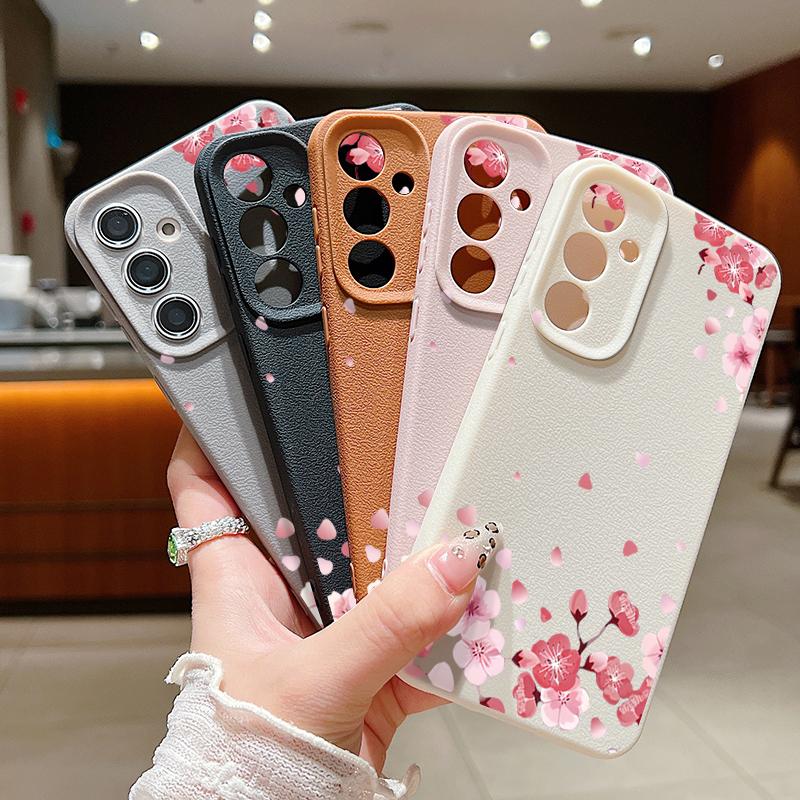 For Samsung S25 Ultra S24 FE S23 S22 A56 A36 A16 A15 A55 Cover Shell Sakura Flower Pattern Slim Soft TPU Leather Texture Shockproof Matte Phone Case