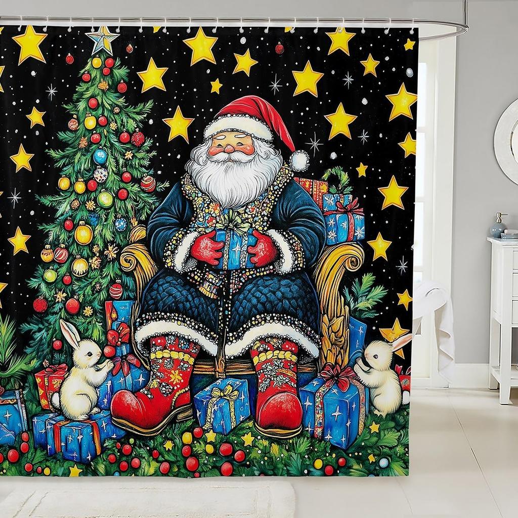 3DCute Cat Shower Curtain Christmas New Year Theme Bathroom Curtains for Kids Boys Girls Teens Lovely Kitty Decor Winter Holid