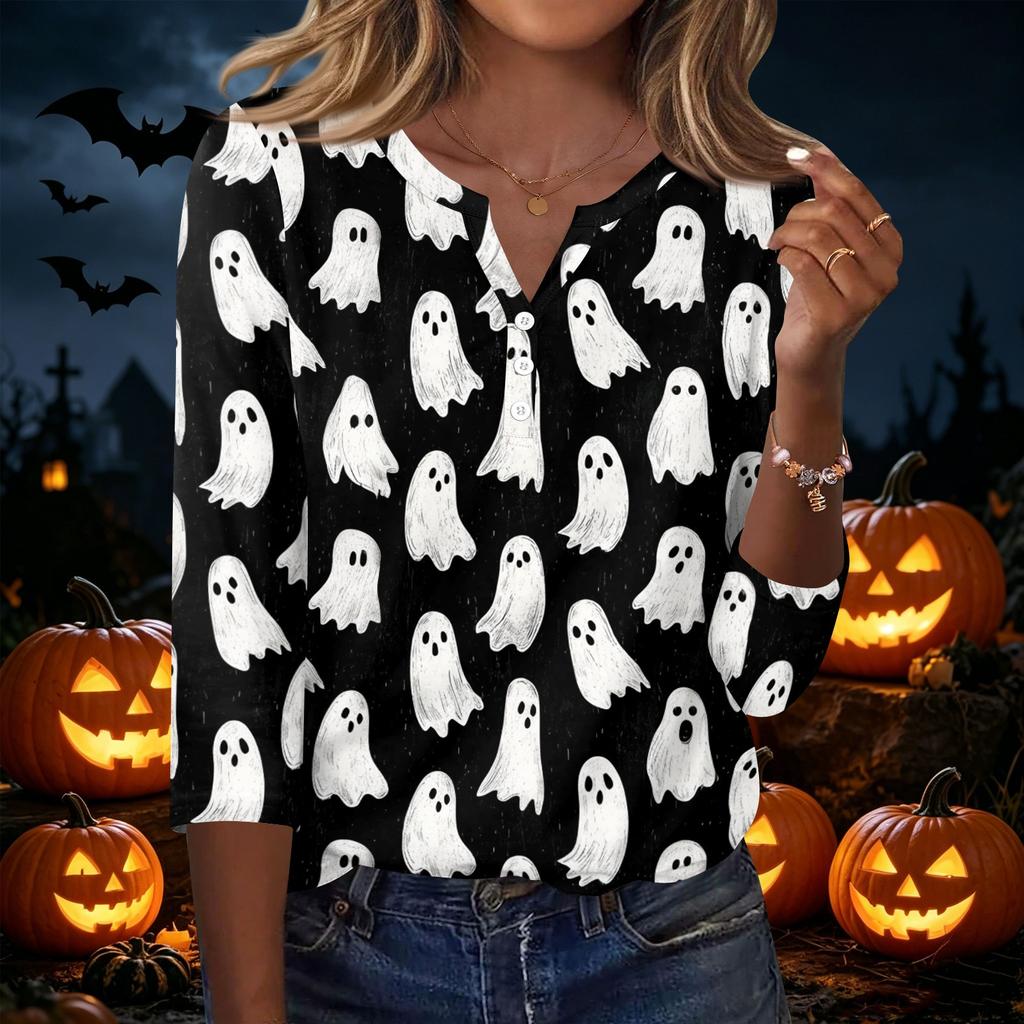 Women's Casual Halloween Print V Neck Button Three Quarter Sleeve T Shirt Top Lightweight Soft Fabric Comfortable Fit