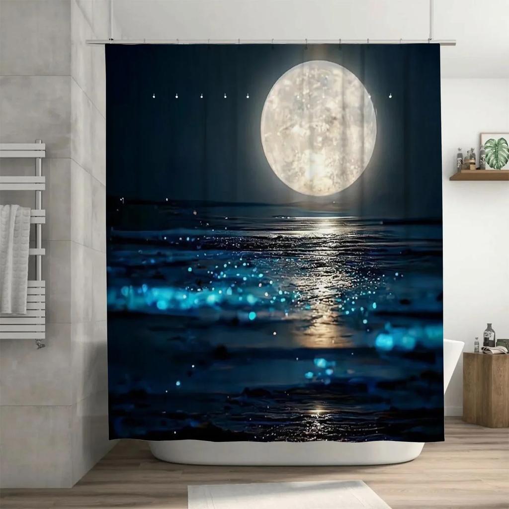 Full Moon Over Ocean Design Waterproof Shower Curtain Heat Resistant Machine Washable Non-Transparent 180x180cm