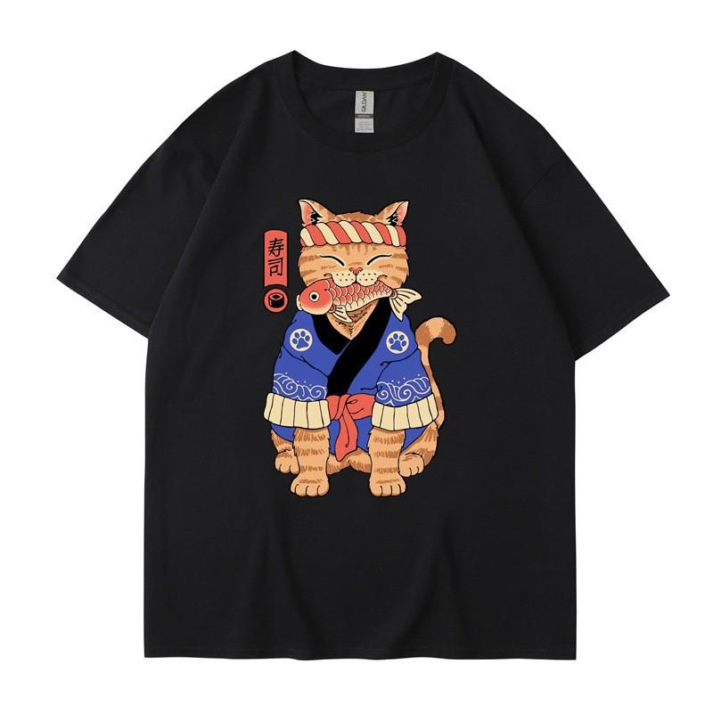 Japanese Harajuku Samurai Sword Cat T-Shirt Men Women Casual Tee Clothes Cotton Summer Tops Breathable T-Shirts S