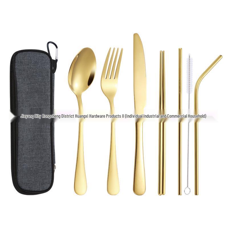 Stainless Steel Outdoor Travel Cutlery Set: Knife, Fork, Spoon, Straw, Chopsticks with Storage Bag