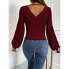 Fall Winter New Women's Solid Ribbed Long Sleeve V Neck T-shirt Casual Top, European American Style Crossborder Foreign Apparel
