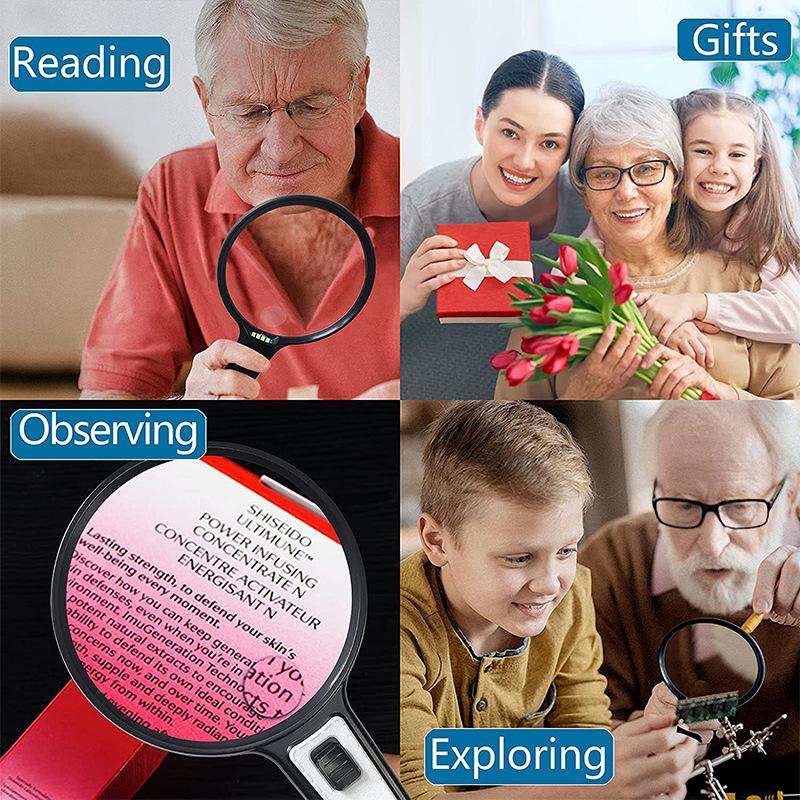 10X Handheld Illuminated Magnifying Glass with 4 Led Lights Reading Magnifier for Seniors Coins Insect Inspection Jewelry Loupe