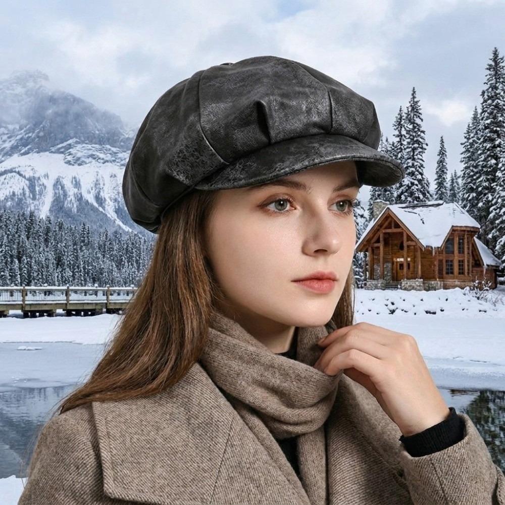 Octagonal Cap Pu Leather Beret British Style Painter Hat Elegant Artist Cap  Women
