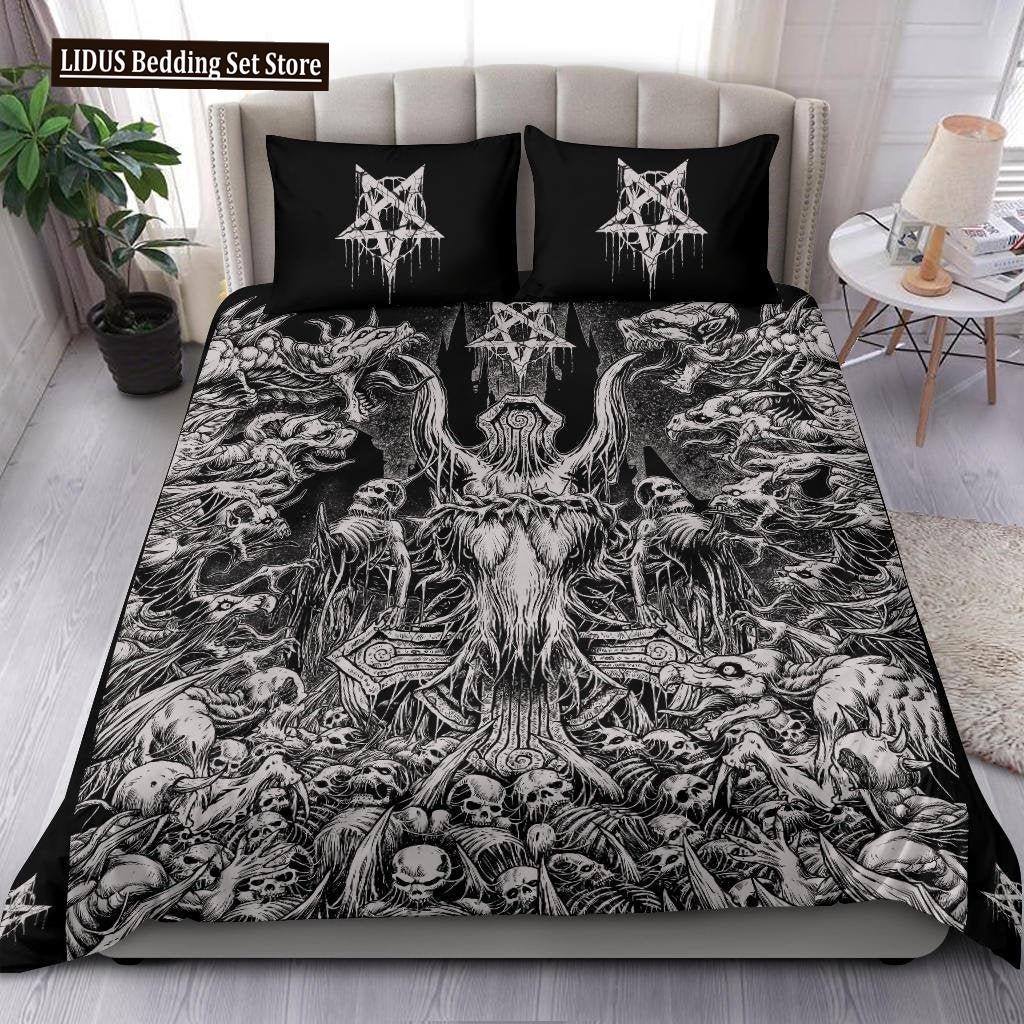 Skull Skeleton Satanic Goat Skull Duvet Cover Set Trophy Demon Breed Bedding Sets Night Blue Pink Satanic Baphomet Quilt Cover
