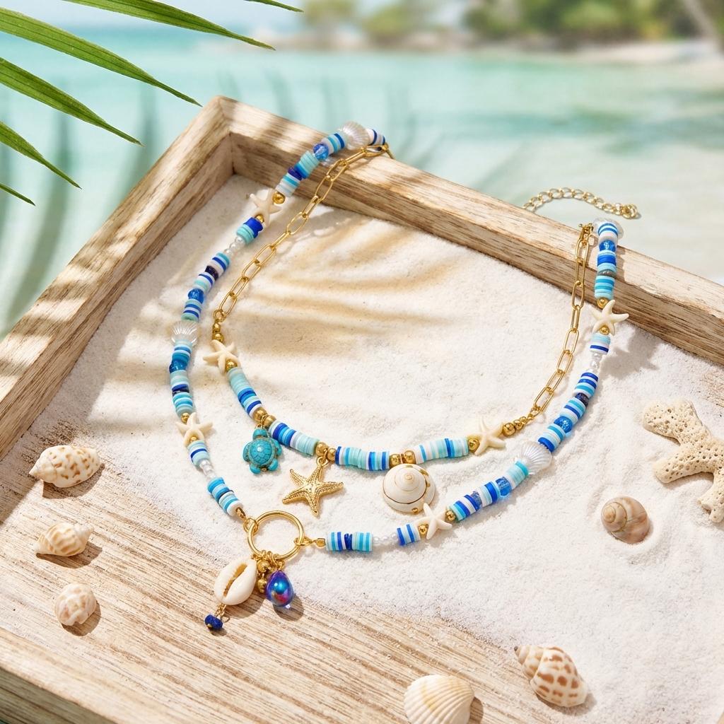 Retro Blaue Polymer Clay Perlen Muschel Seestern Halskette für Damen Meeres Elemente Schildkröte Muschel Mehrschichtiger Choker Strand Schmuck