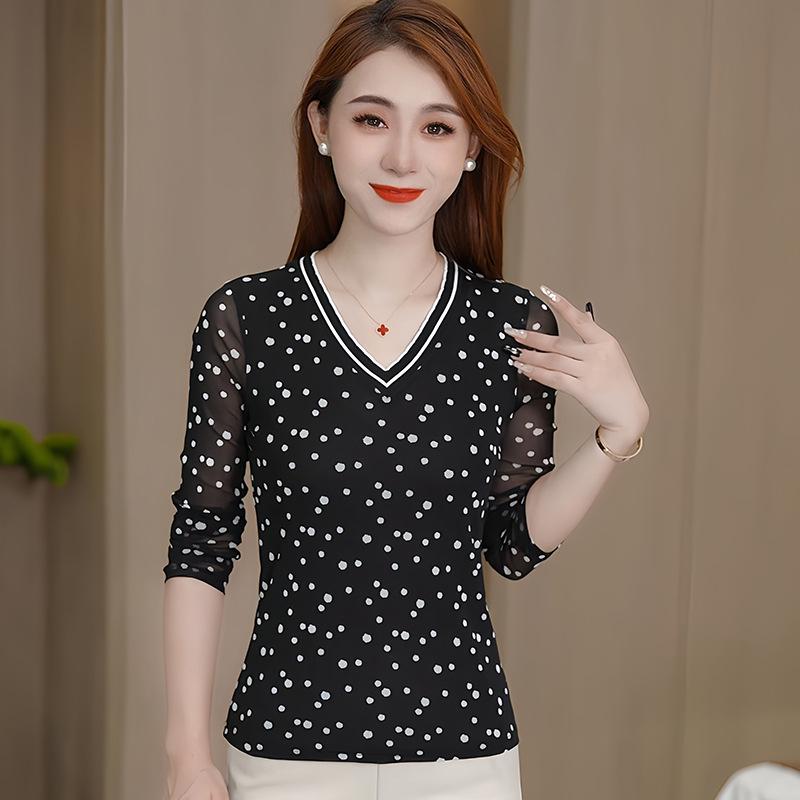 Polka Dot V-Neck Mesh Long Sleeve Pullover - Versatile Women's Fashion Top