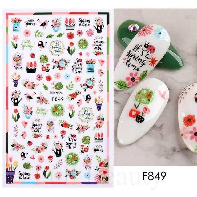 3D Nail Stickers Flowers Pink Purple Blossom Florals Leaves Decals Nail Art Adhesive Sliders Charms Manicure Decorations TRCA769