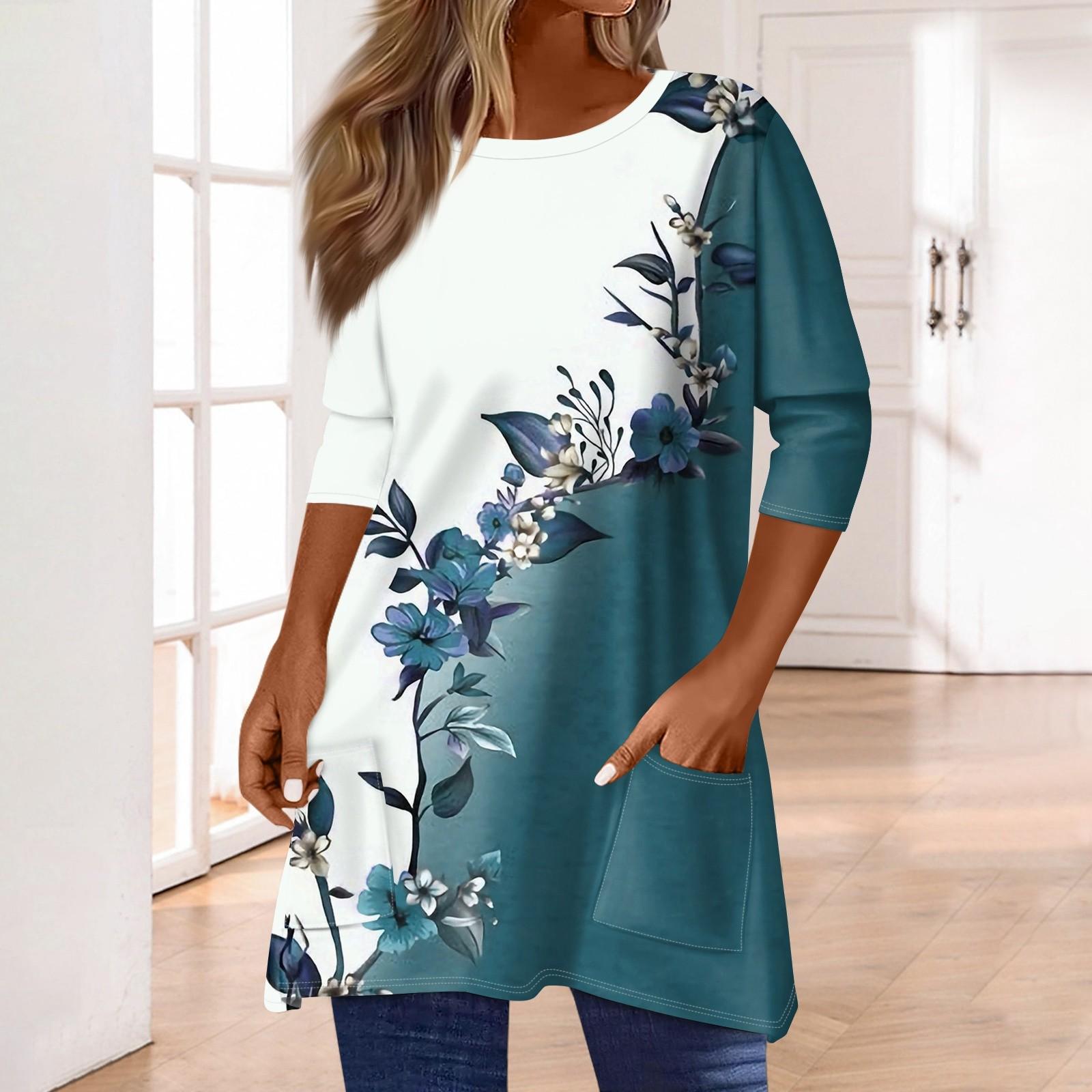 

3/4 рукава кармана топы для женщин футболка повседневный принт средней длины топы футболка круглый вырез пуловер блузка XXL синий