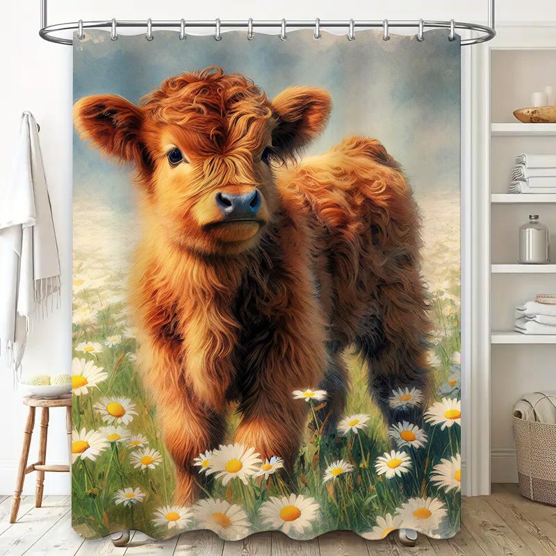 Farm Fresh Fun Shower Curtain Adorable Cow Design With Sunny Daisy Field For Bathroom Decor