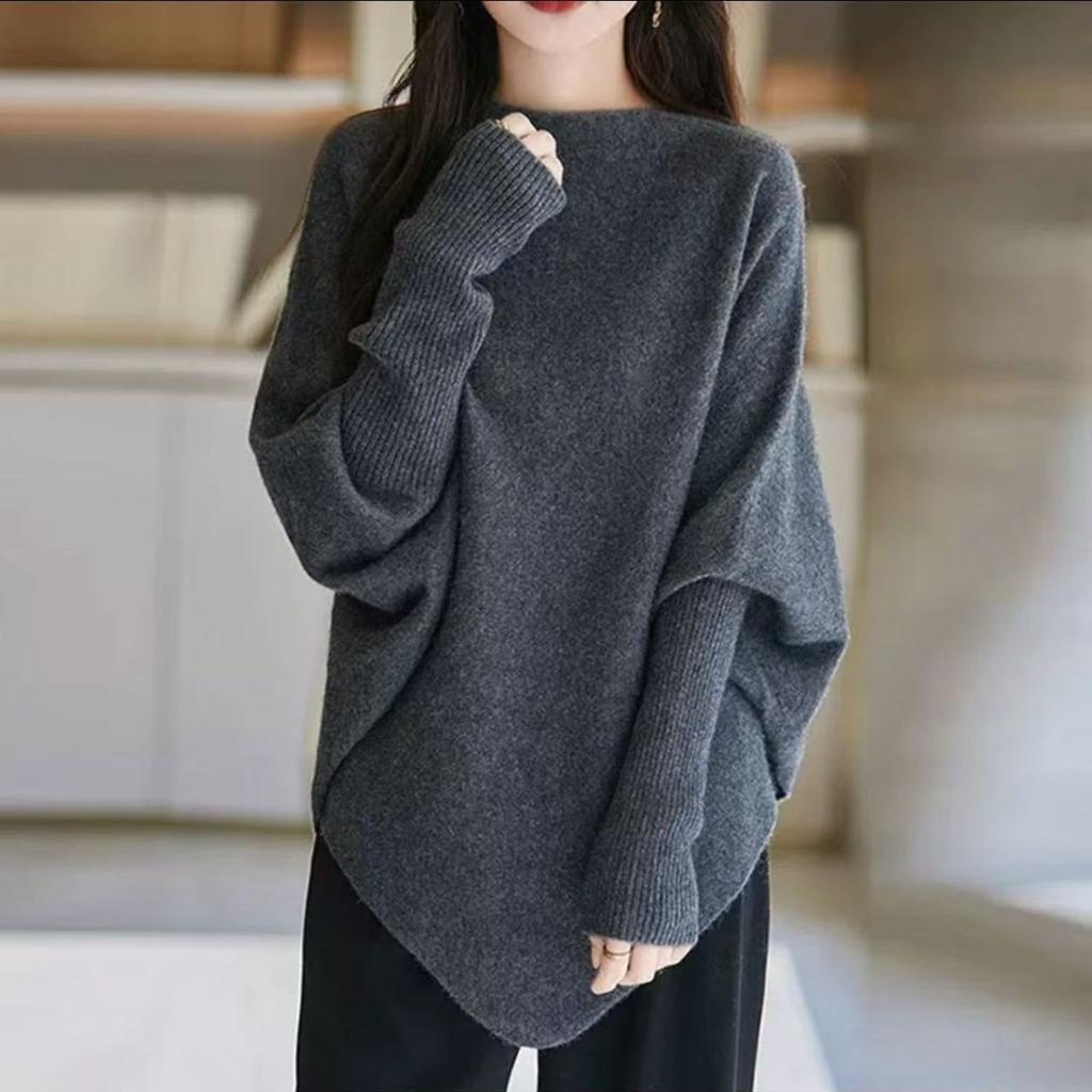 Women's Thin Knitted Batwing Sweater Loose Boat Neck Irregular Sweater Autumn Winter Soft Stretchy Knitted Top