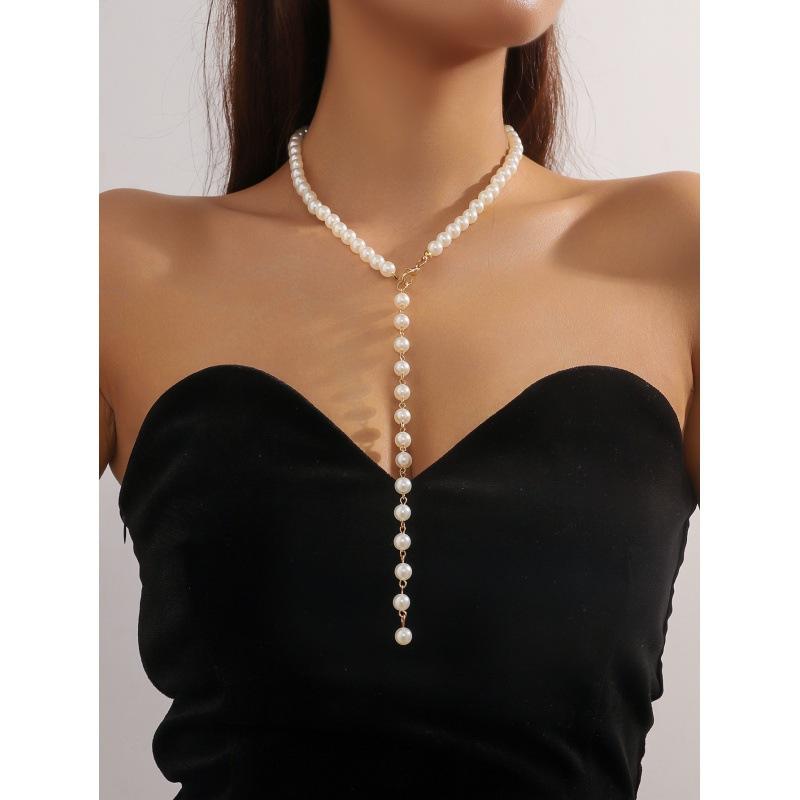 European and American Retro Imitation Pearl Fringed Long Niche Necklace Simple Round Bead Chain Beaded Necklace Decoration