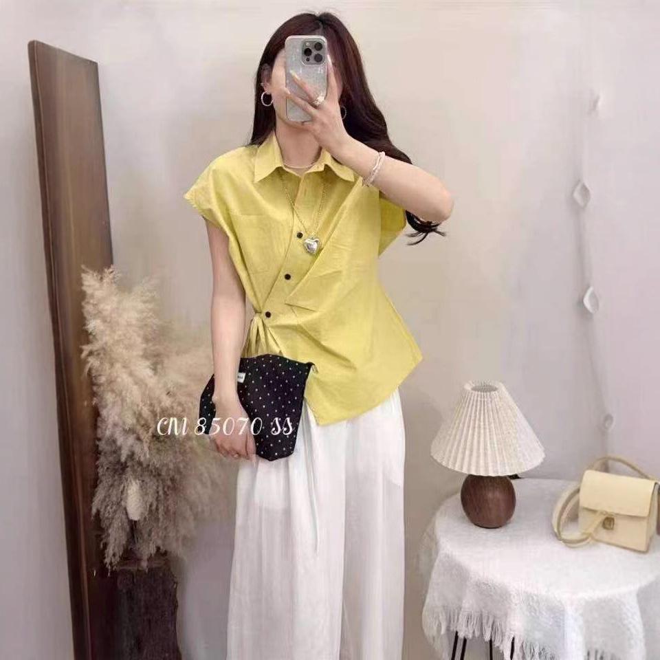 

Women s Slimming Turn-Down Collar Tie Waist Short Sleeve Stylish Top L