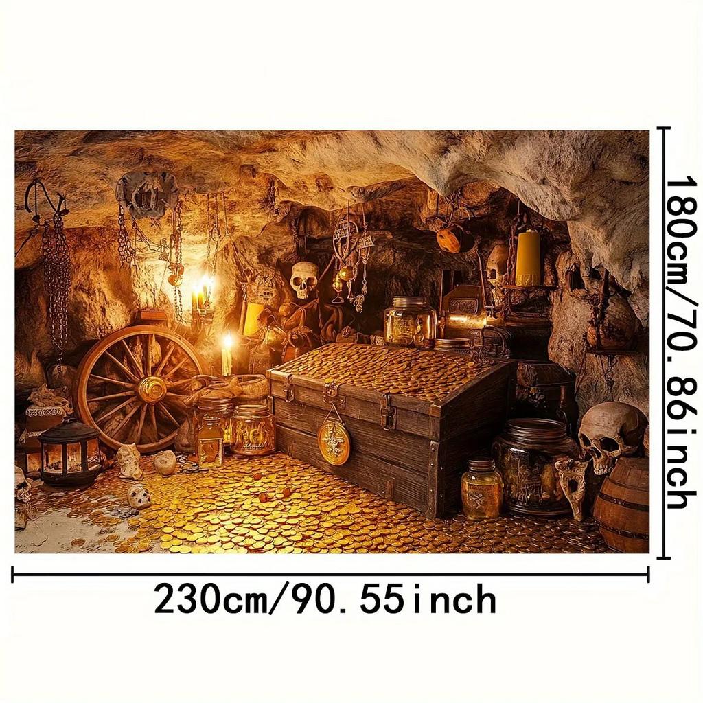 1 2D Pirate Treasure Chest Background Cloth  Featuring Gold Coins  Skulls and Candlelight - Polyester Party Decoration