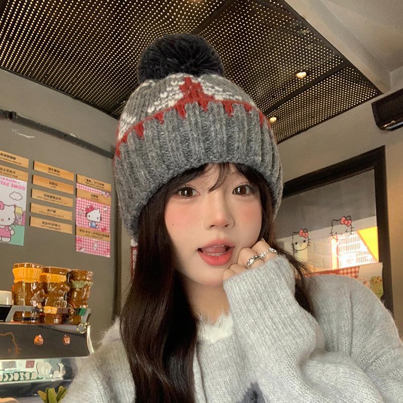 Versatile Knitted Hat Fur Ball To Keep Warm and Cold Proof Ear Protecting Head Covering Hat Women's Loose Small Woolen Hat Showing Face