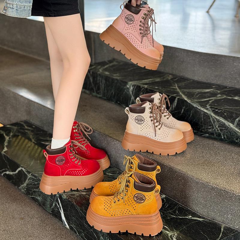 Hollow and Breathable Small Retro Martin Boots Women's British Style 2025 Summer New Heightening Muffin Thick-soled Short Boots