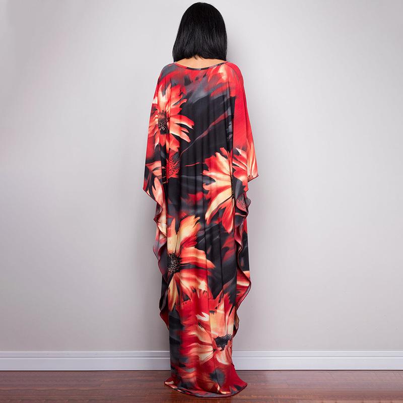 Handgemachter schwarzer & roter floraler langer Strand-Überwurf-Kimono für Damen