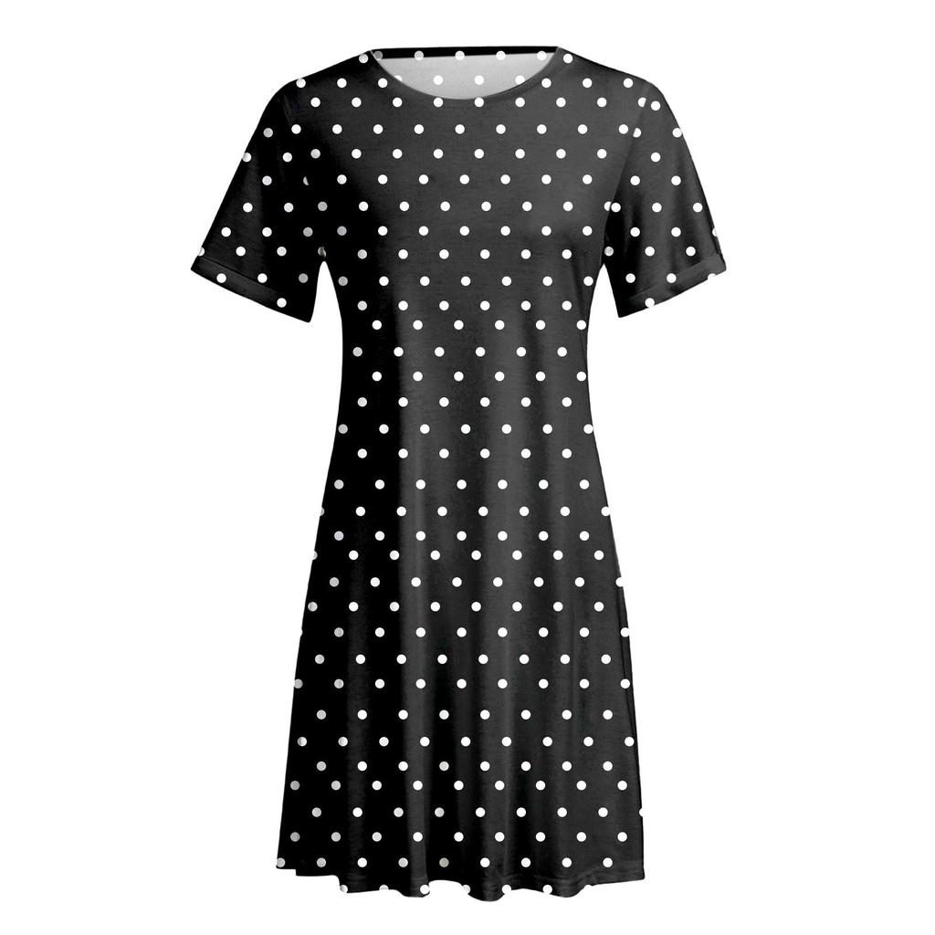 Women's Fashion Print Loose Casual Short-Sleeved Round Neck Pocket Dress