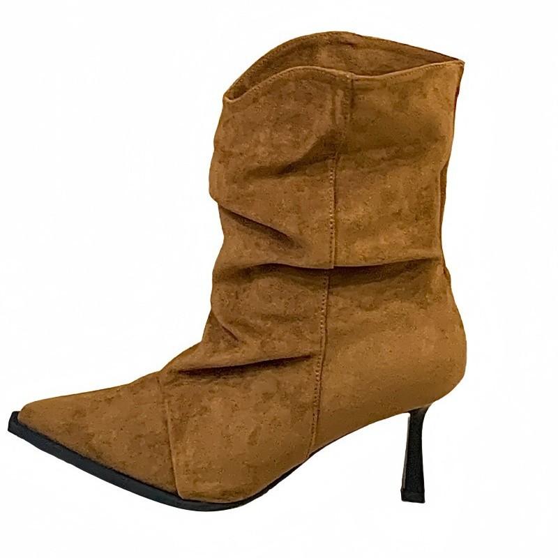 Korean Version of Retro Pointed-toed Fine-heeled Pleated Piled Boots for Women's 2025 Autumn and Winter New Temperament Versatile Commuter Mid-tub