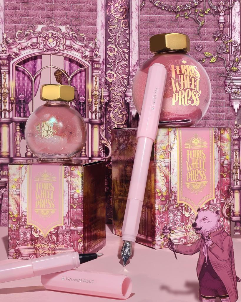 Ferris Wheel Press Carousel Fountain Pen Acrylic Blend Body Air Seal Click Lock Cap Brow Brush Pink Medium Nib