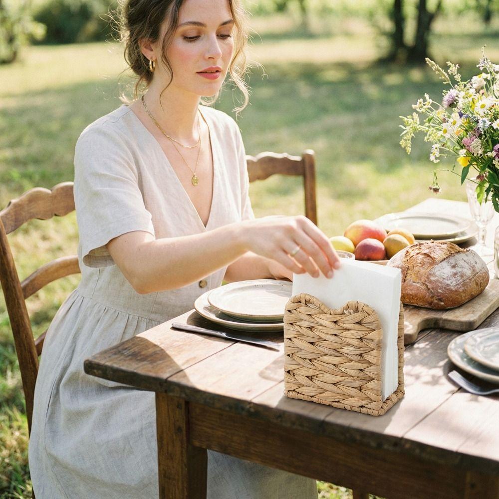 Rustic Style Grass Napkin Holder Vintage Handmade Standing Tissue Dispenser Natural Tissue Holder Coffee Table