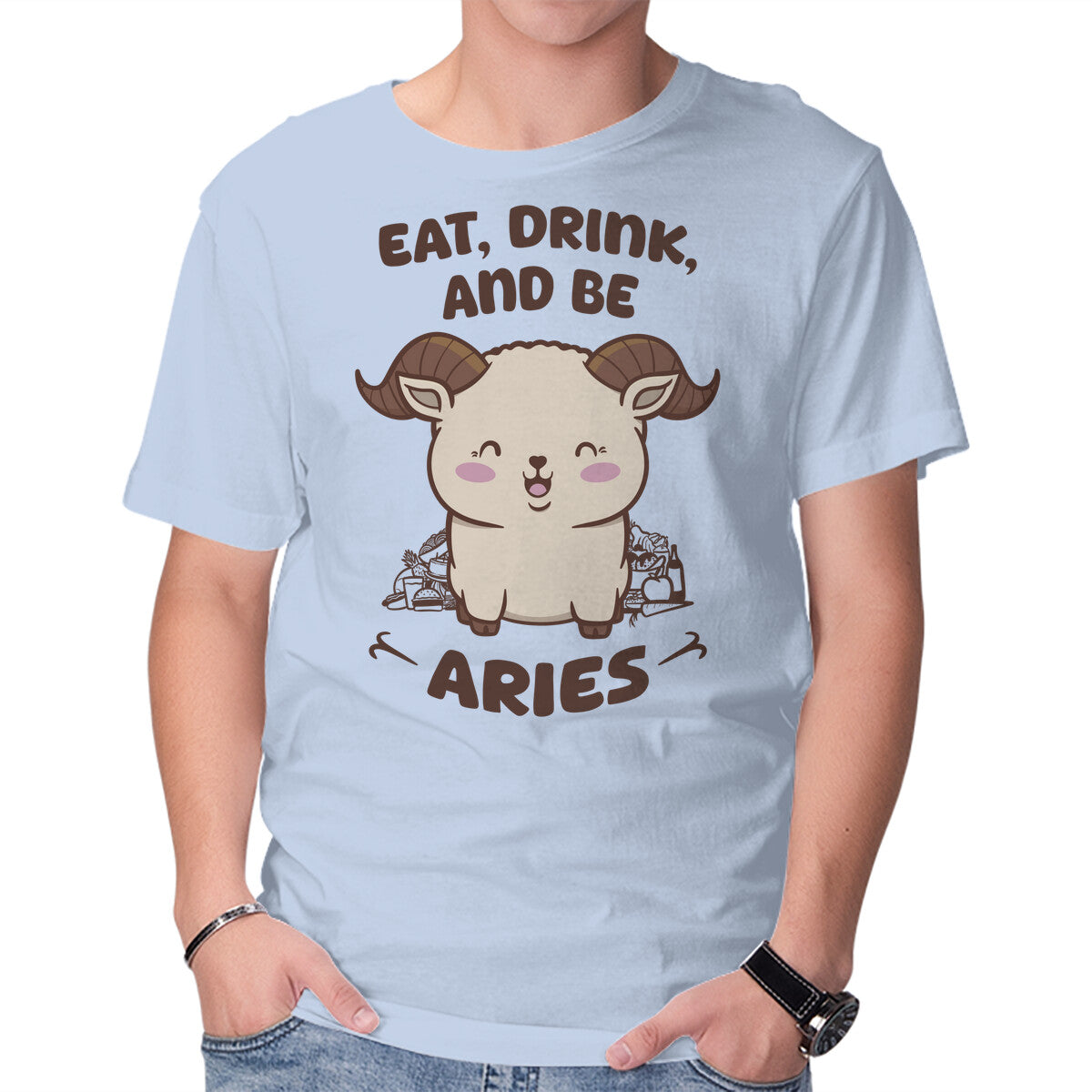 Unisex Crew Neck T-Shirt Eat Drink And Be Aries Graphic Short Sleeve Casual Tee XS