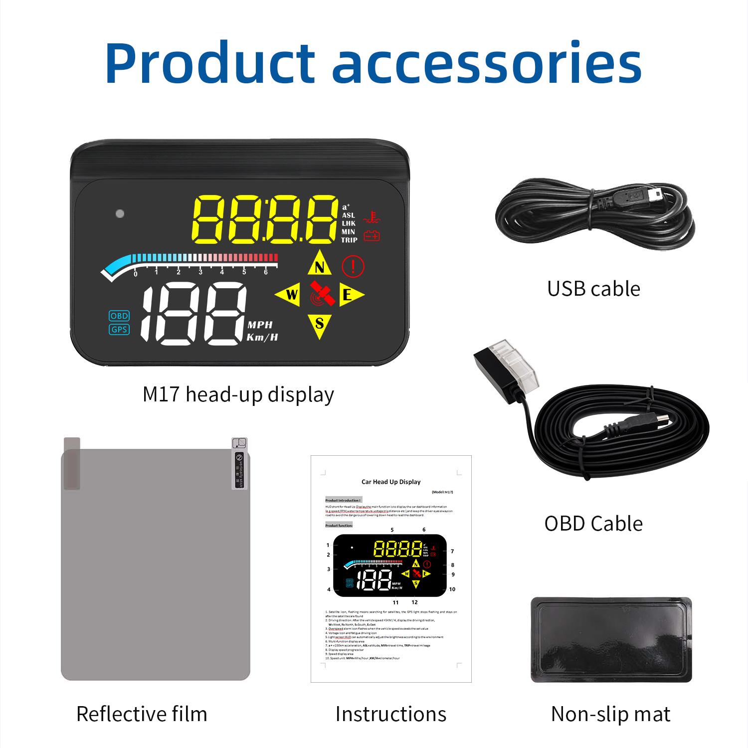

M17 OBD+GPS HUD Car Head Up Display Altitude Speedometer Water Temperature Voltage With Overspeed Alarm Fatigue Driving Reminder