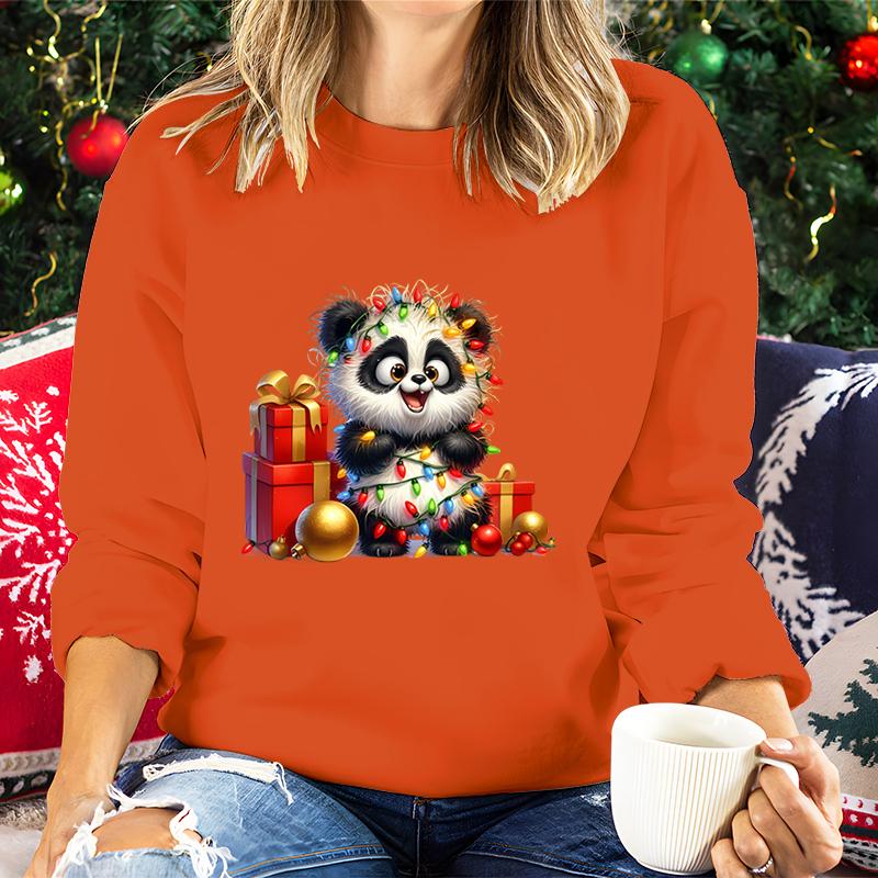 Merry Christmas Cartoon Panda Lights Design Women Sweatshirt Graphic Christmas Kawaii Cartoon Panda Gifts Holiday Sweatshirts