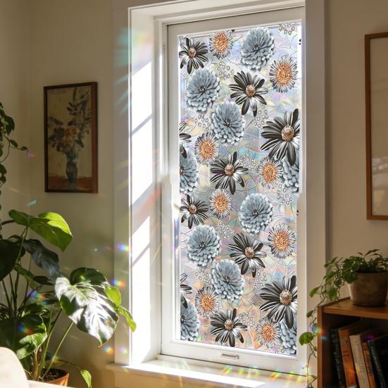 Stained Glass Window Film Colorful Rainbow Decorative Window Sticker Privacy Glass Sliding Door Clings Sun Blocking Static Decals for Bathroom Bedroom