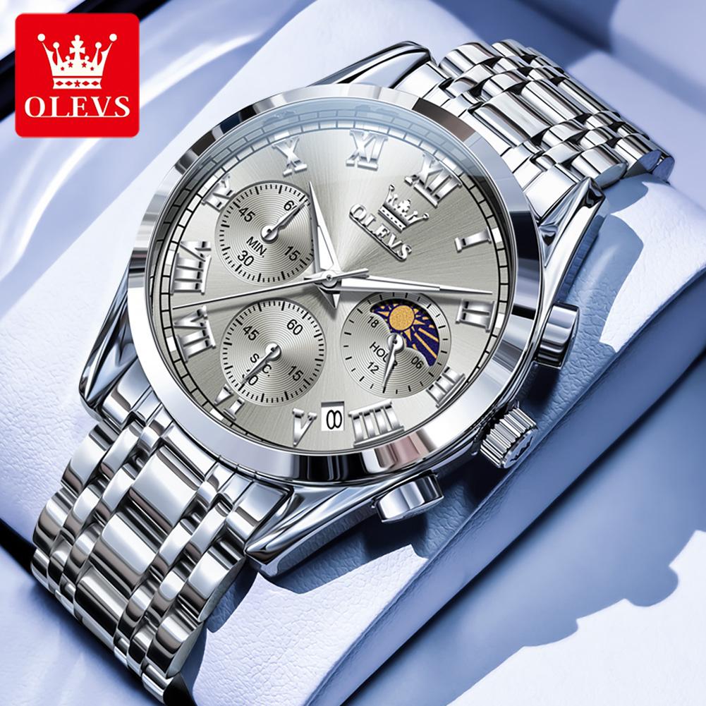 100% Original OLEVS 2871 Men's Watches New Stainless Steel Strap Moon Phase Chronograph Waterproof Luminous Quartz Wristwatches