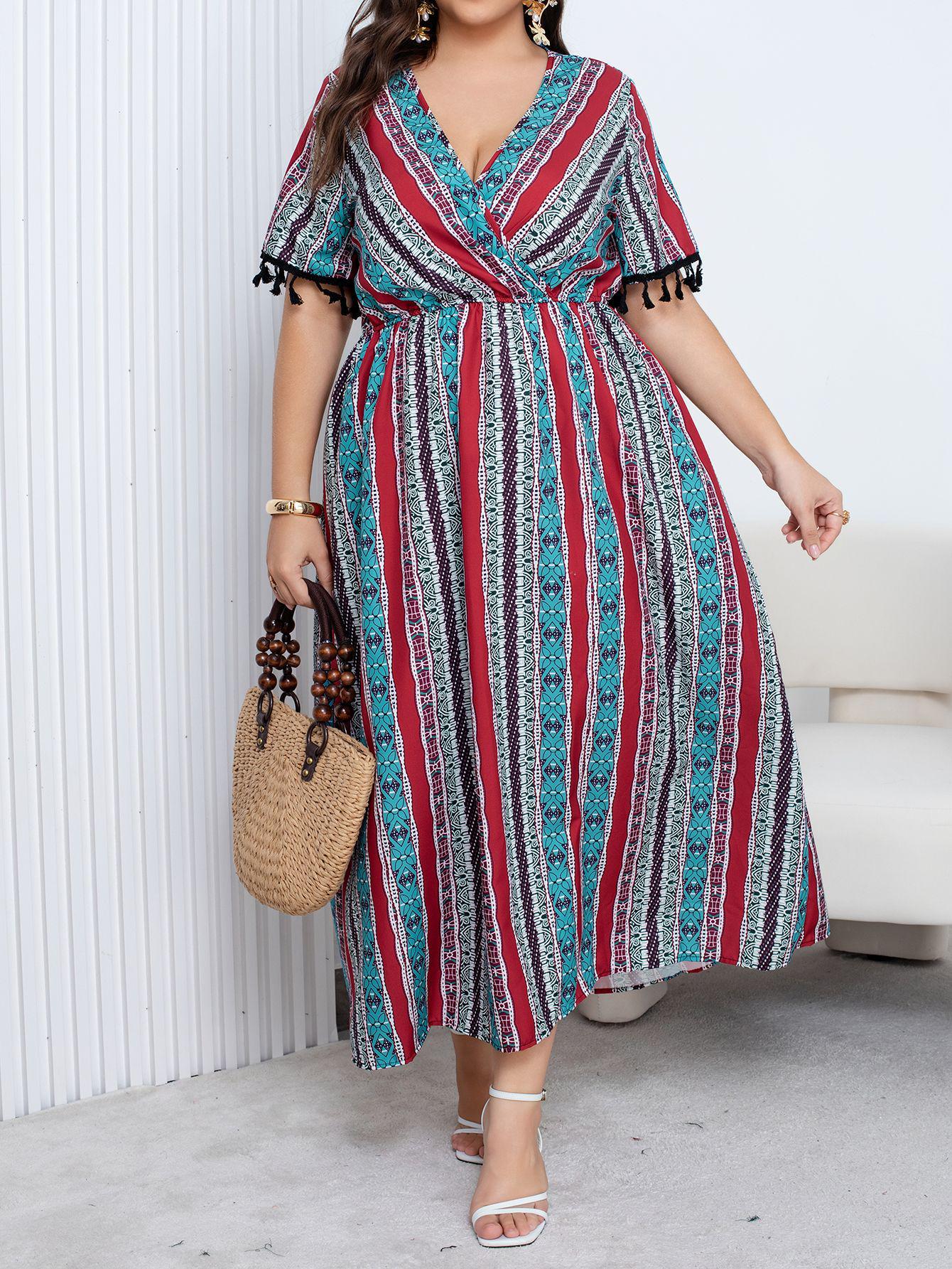 Plus Size Bohemian V-Neck Tassel Long Dress - Elegant & Loose Fit 2X Large