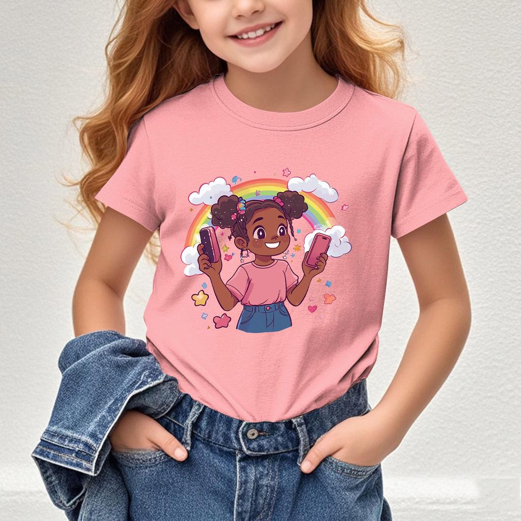 Girls New Cartoon Printed Shortsleeved Tshirt Summer Shortsleeved Tshirt Childrens Round Neck Top  polyester fabric