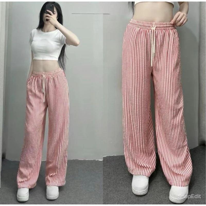 Striped Wide-leg Pants for Women, Summer Korean Style New Casual Pants, Casual and Slimming, Elastic Waist, Loose and Draping, Floor-length