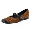 French retro square head leopard print one-word buckle with Mary Jane small leather shoes with skirts, beautiful low heels, light mouth single shoes 
