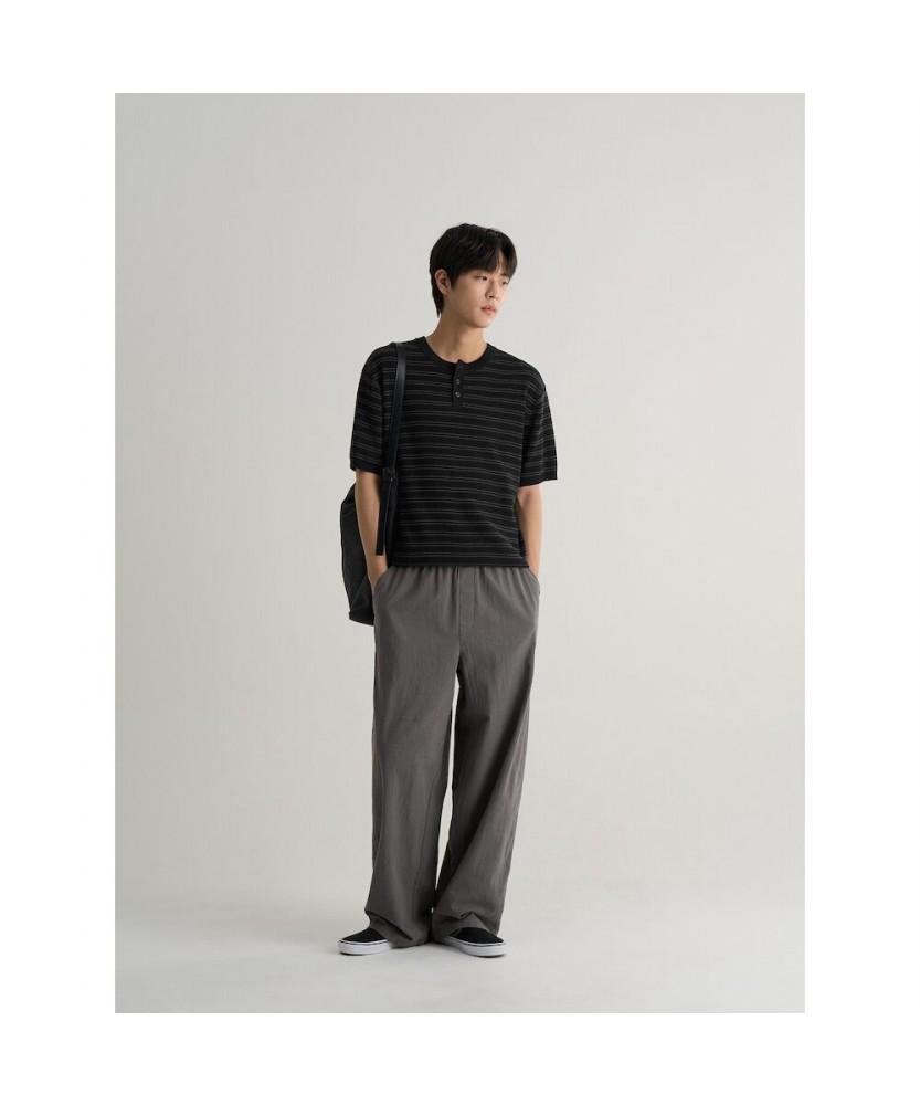 8SECONDS Washable Striped Henley Neck Pullover Black