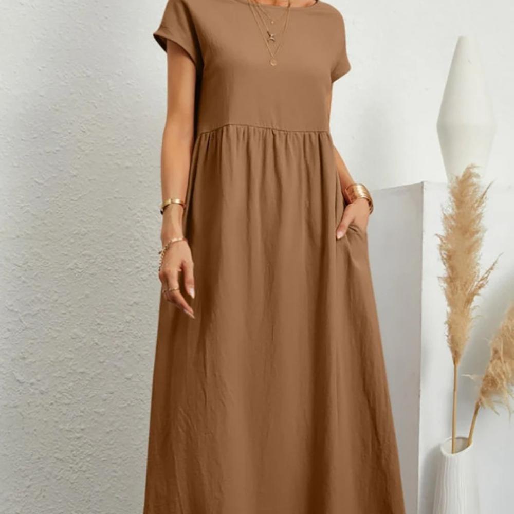 Women Elegant Solid Maxi Dress Summer Short Sleeve O Neck Vintage Harajuku Cotton Linen Loose Sundress Y2K Pockets Long Dress