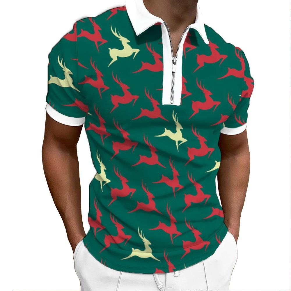 Halloween Themed Short Sleeve Polo, Casual Zip-up with Witch & Pumpkin Prints