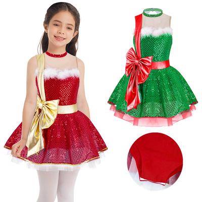Girls Shiny Sequin Sleeveless Bowknot Ballet Skirted Costumes Tango Samba Christmas Dance Dress