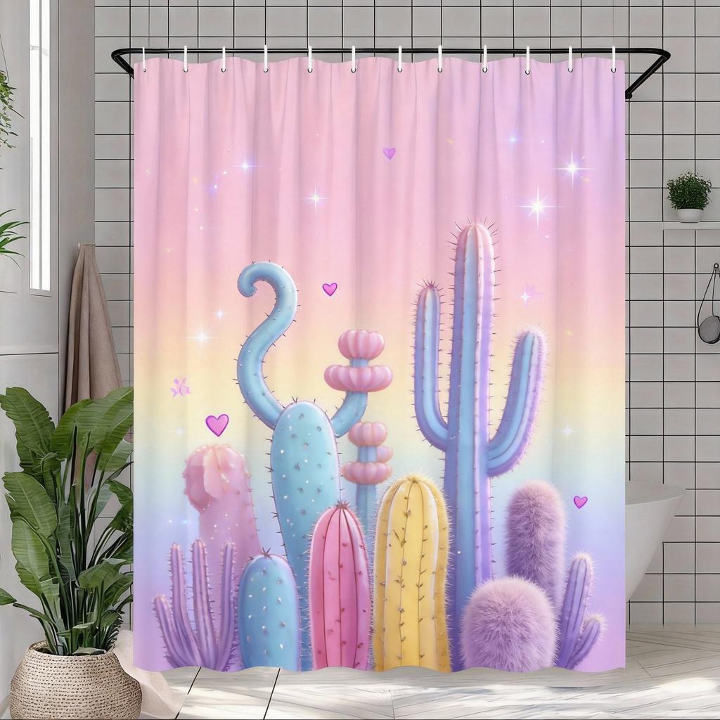Cactus Garden Shower Curtain Colorful Succulents On Pink Background Polyester Bath Curtain With Hooks For Boho Decor