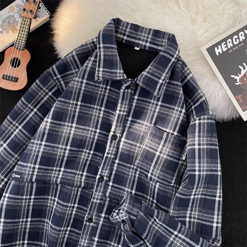 Japanese-Style Retro Cityboy Velvet Padded Shirt Autumn and Winter Boys' College Style Thickened Couple Warm Plaid Shirt