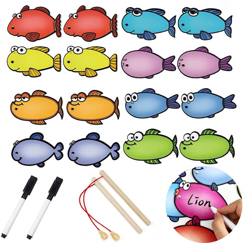 Fish-shaped Dry Erasable Cards With Magnetic Fishing Rod Teaching Aid Wirting Cards Kids DIY Educational Learning Montessori Toy