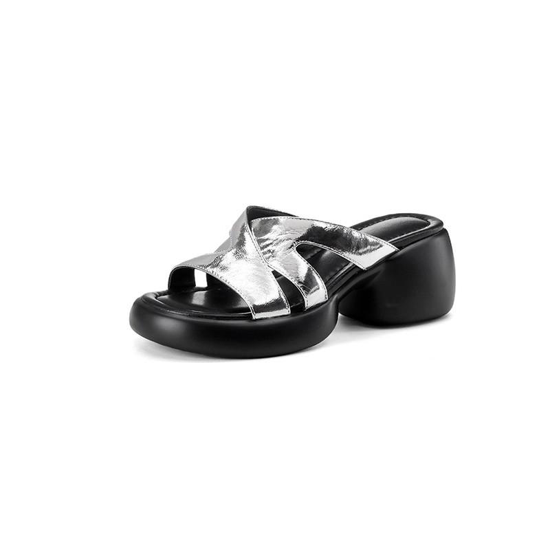Open-toed thick-soled sandals women's leather outer wear one-word slippers new summer high-heeled slippers
