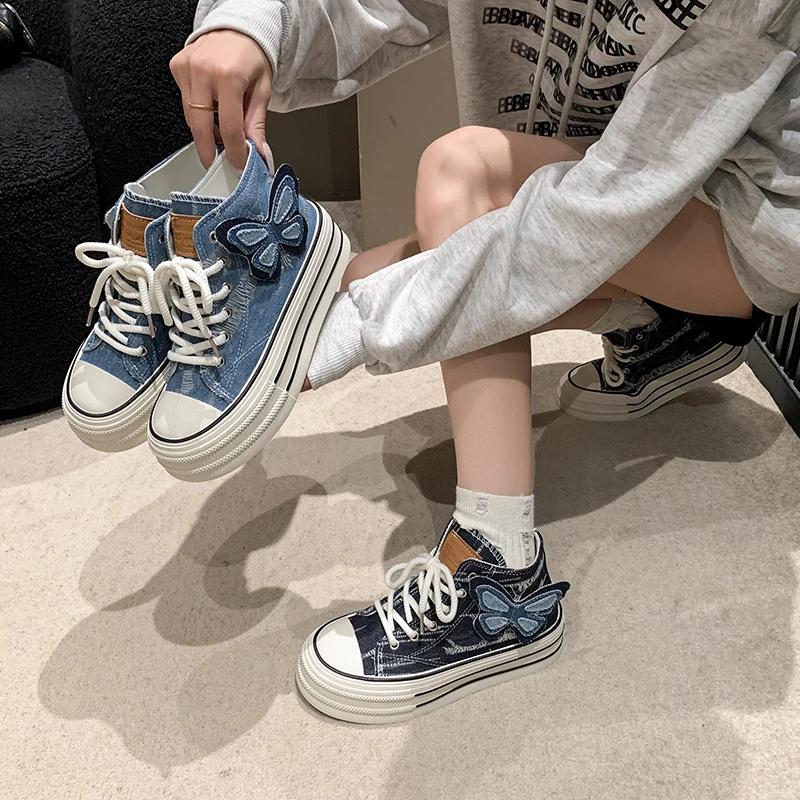 Women Fashion Buckle Strap Canvas Shoes High Top Broken Denim Ankle Short Boots Lace Up Girls Students Thick Sole Sneaker