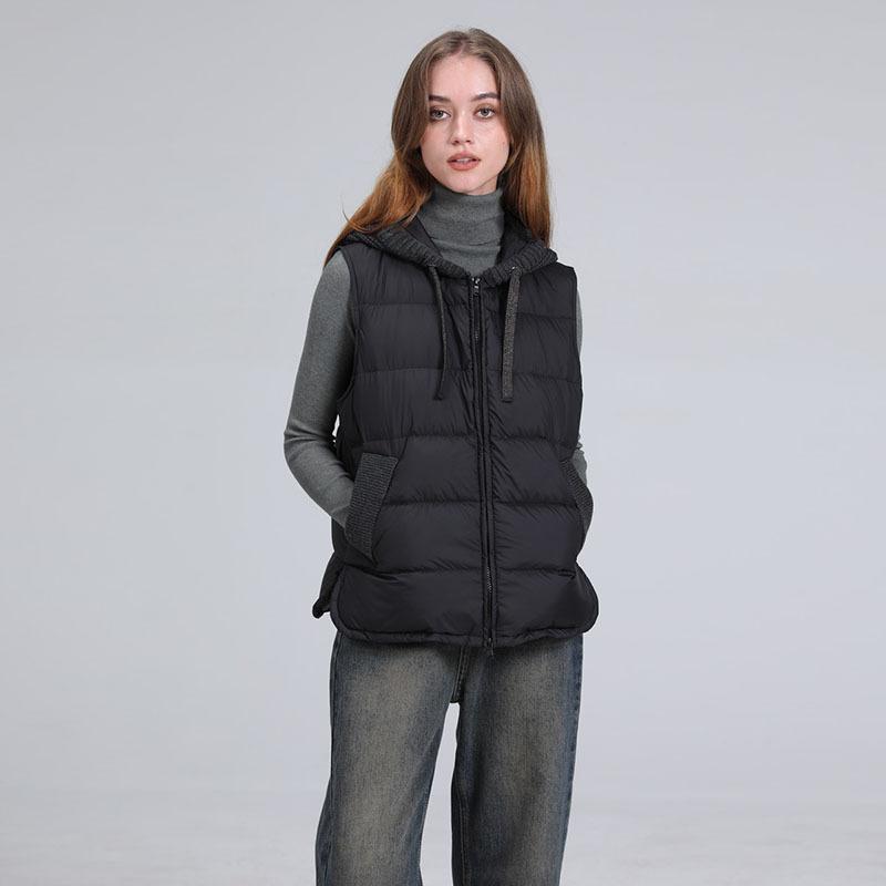 High Luxury White Goose Down Down Vest Women's 2025 Winter Fashion Lightweight Knitted Splicing Warm Vest Hooded Vest