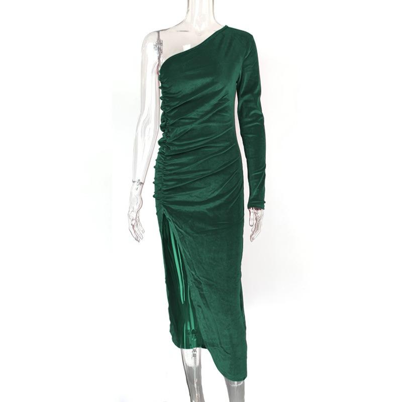 Autunno e Inverno Abito da Festa Sexy da Donna con Scollo Obliquo Elegante Moda Velluto Pieghettato con Spacco Abito da Donna Casual Slim Fit Irregolare da Sera 26062