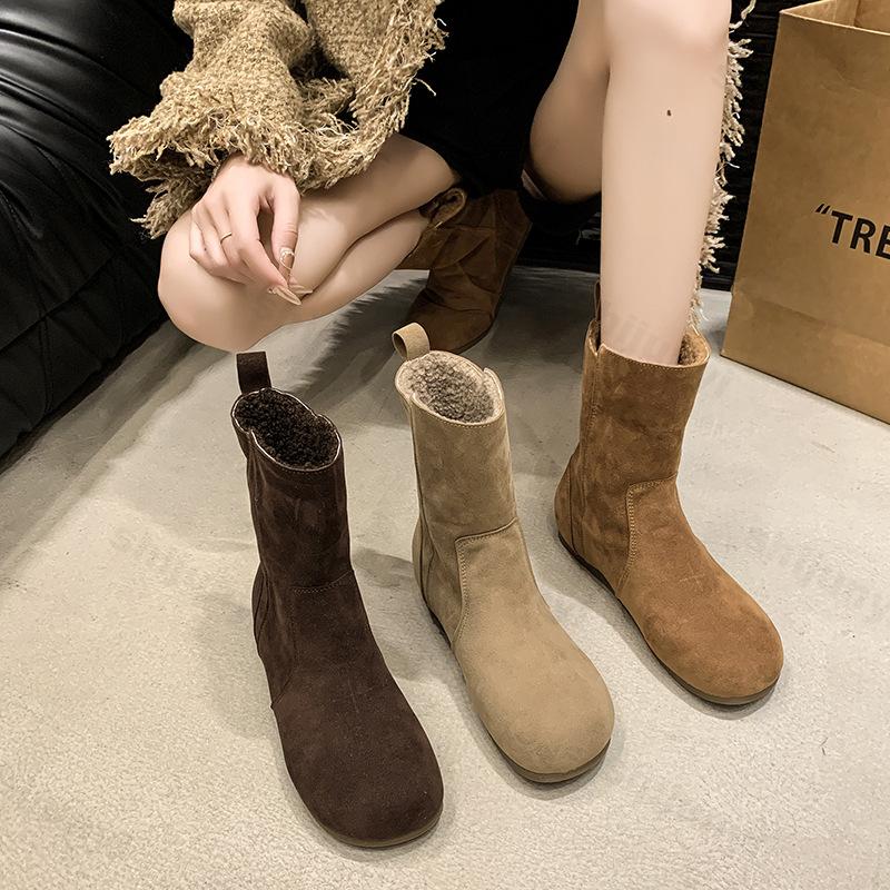 Damen Knöchelboots 2026 Herbst Winter Mode Runde Spitze Damen Kurze Stiefel Niedriger Absatz Plateau Lässig Plüsch Warm Baumwolle Botas Mujer