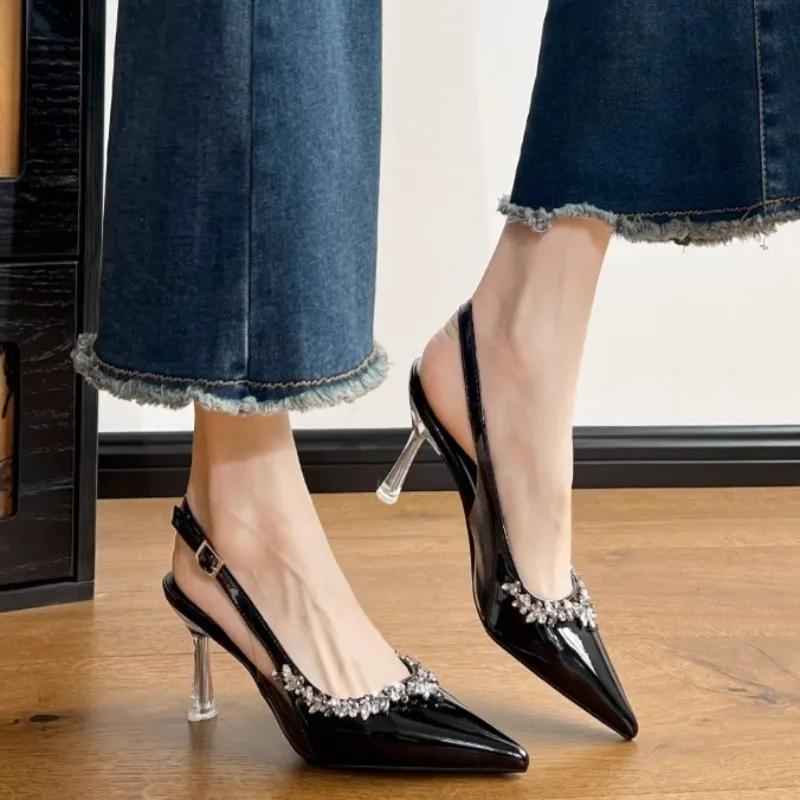 Fashion Summer New Baotou Haute Couture Stiletto Pointed Toe High Heels  Rhinestone Trim Sexy One Strap Plus Size Sandals Women